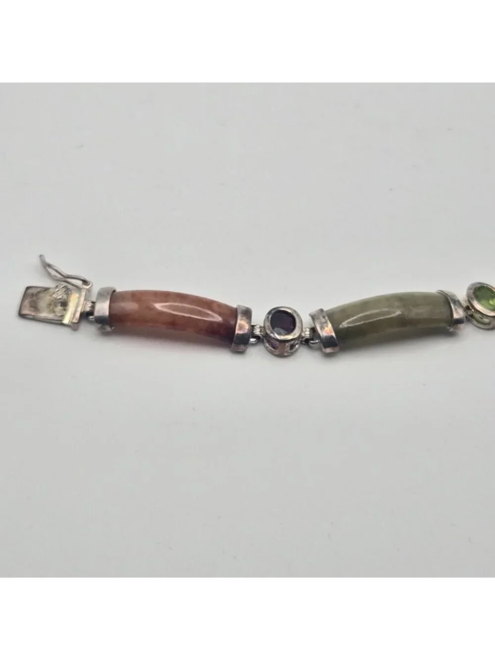 Vintage Sterling Silver Multi-Stone Inlay Bracelet Jade Amethyst Onyx Citrine